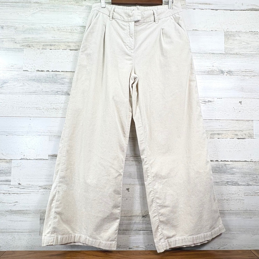 American Eagle Corduroy Wide Leg Trouser Pants 10 Cream Pleated Stretch Preppy
